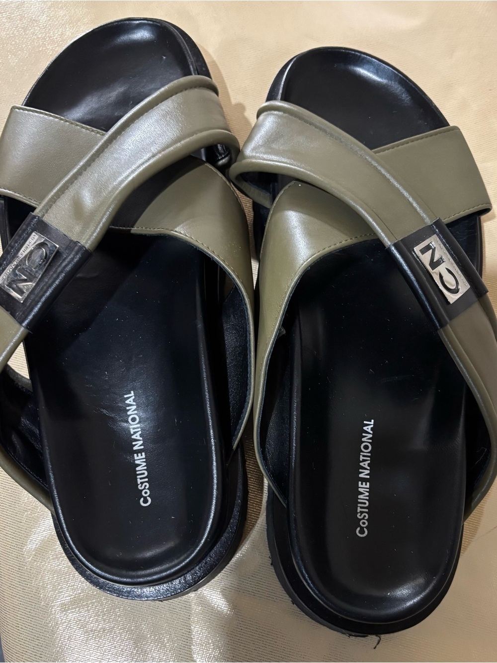 CNC Costume National Olive and Black Cross-Strap Slide Sandals